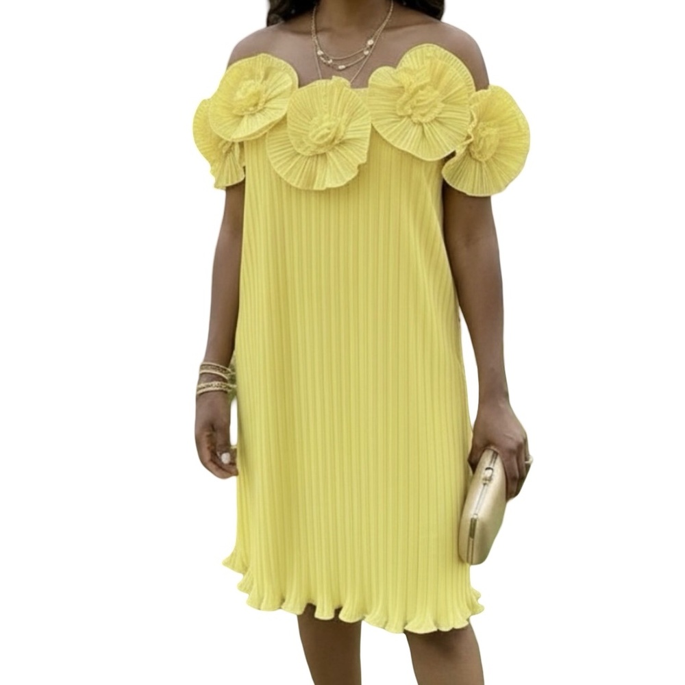 A369  CQ by CQ Yellow Off-Shoulder Pleated Midi Dress Floral Quiet Luxury NWOT L
